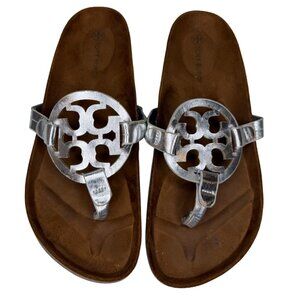 TORY BURCH Miller Cloud Calfskin Metallic Medallion Sandals Silver US 8B